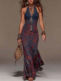 Verónica | Vestido maxi de encaje retro con cuello halter, estampado floral y cola de pez