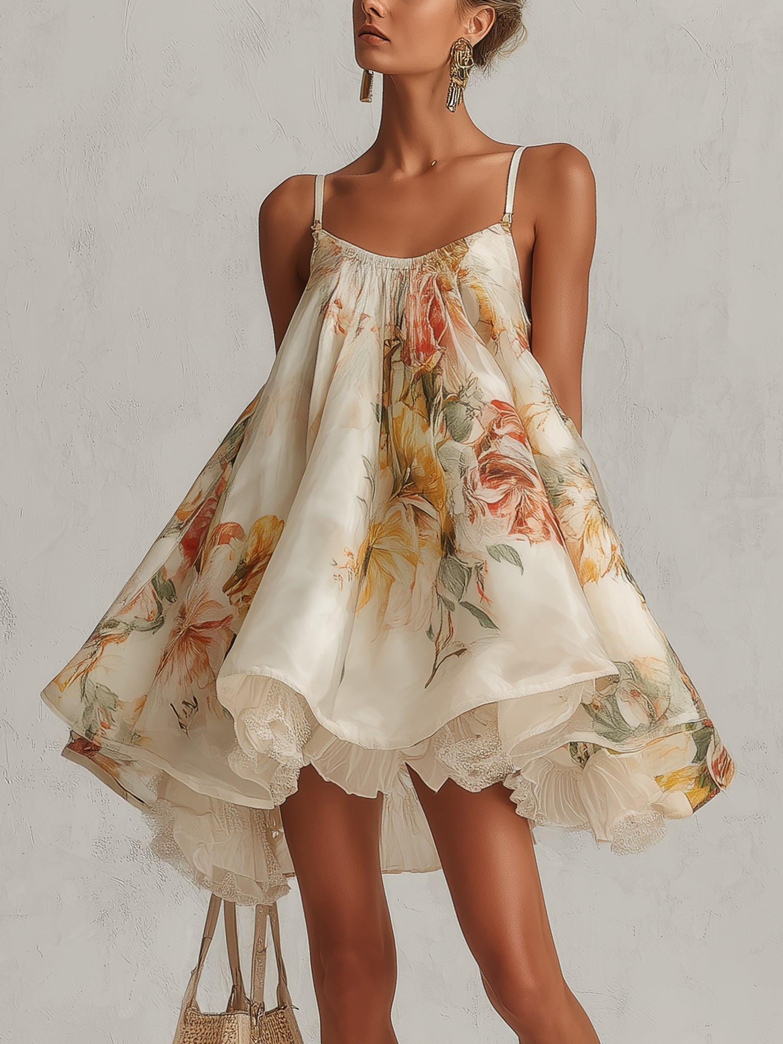 Tamara | Vestido corto de línea A en organza beige con motivo floral y borde de encaje