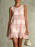 Carla | Vestido corto patchwork rosa claro en capas de chiffon plisado y satinado