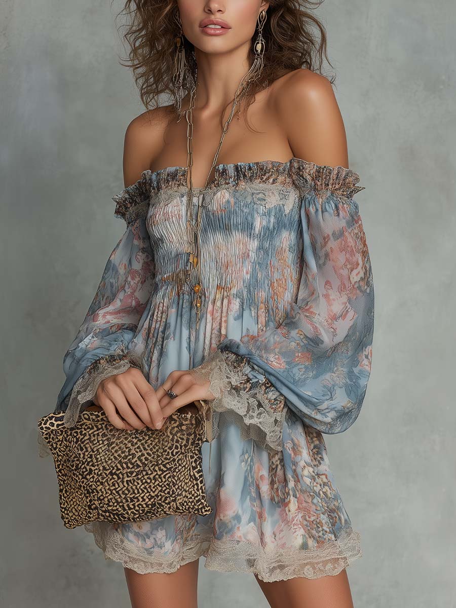 Merche | Vestido mini de chiffon fruncido con escote de hombros descubiertos y estampado floral romántico