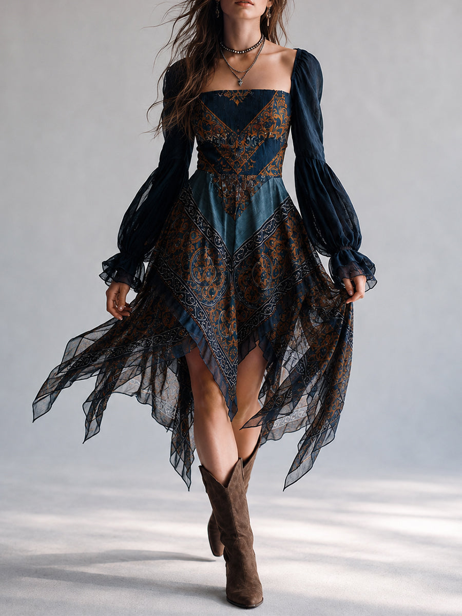Vestido con dobladillo de pañuelo en estampado paisley azul marino