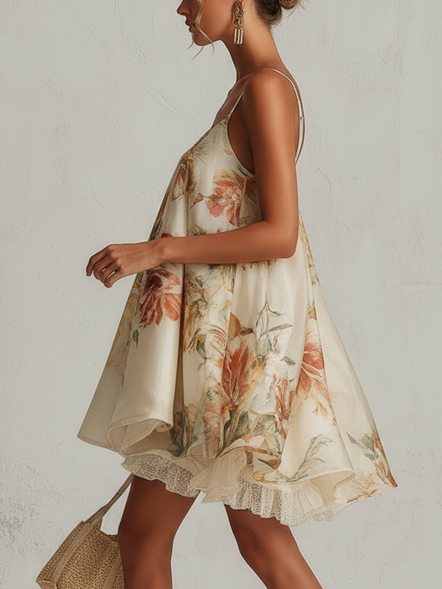 Tamara | Vestido corto de línea A en organza beige con motivo floral y borde de encaje