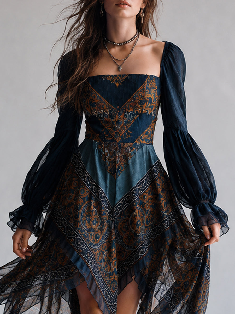 Vestido con dobladillo de pañuelo en estampado paisley azul marino