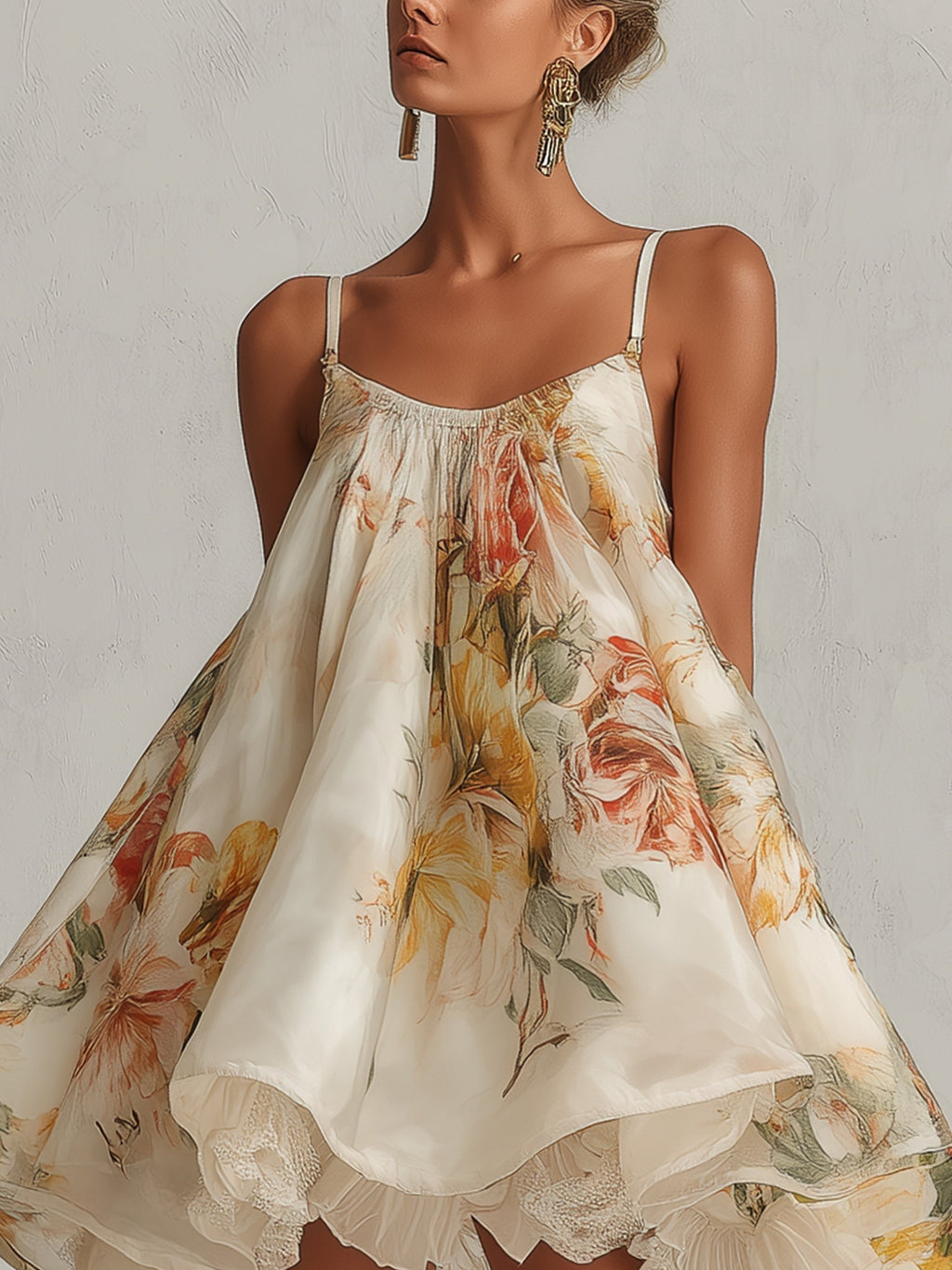 Tamara | Vestido corto de línea A en organza beige con motivo floral y borde de encaje