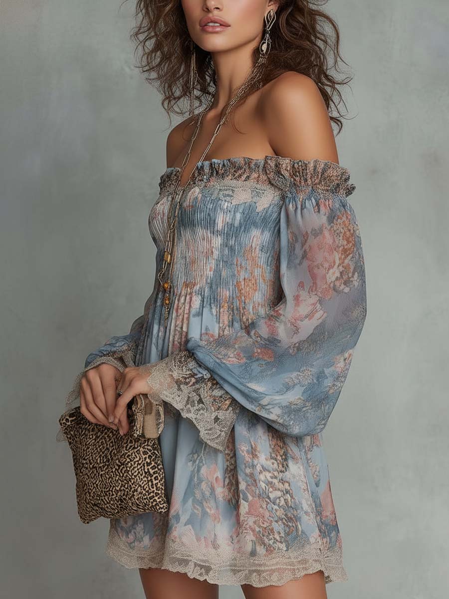 Merche | Vestido mini de chiffon fruncido con escote de hombros descubiertos y estampado floral romántico