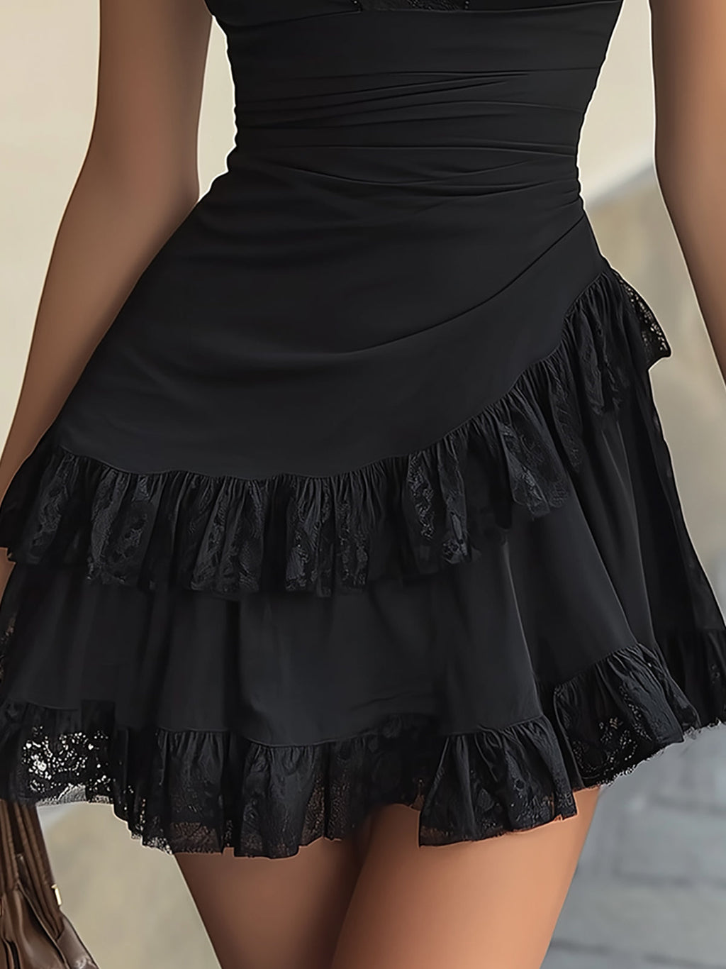 Miriam | Vestido mini negro de encaje con escote en V y dobladillo volante