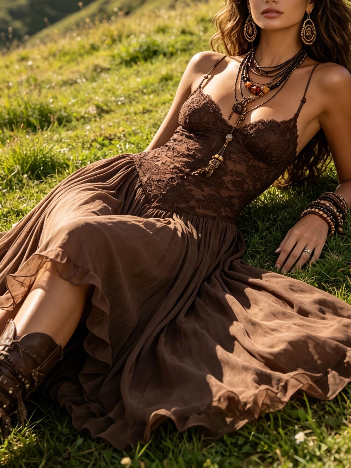 Vienna | Vestido Marrón de Encaje y Gasa