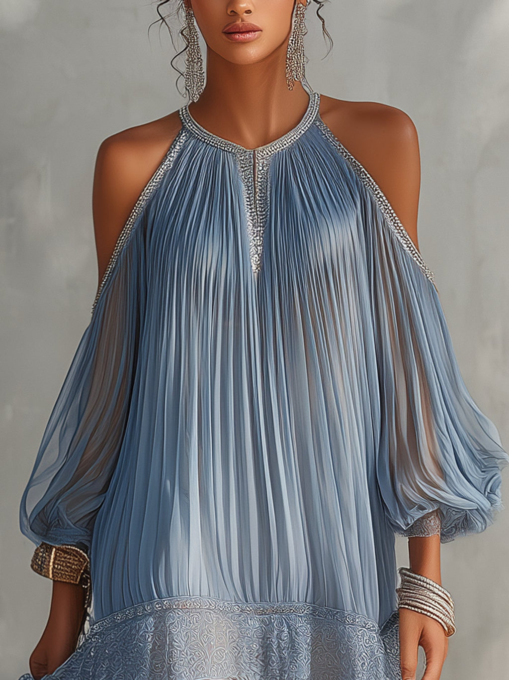 Coral | Vestido Mini Arrugado Azul con Hombros Descubiertos y Dobladillo de Encaje