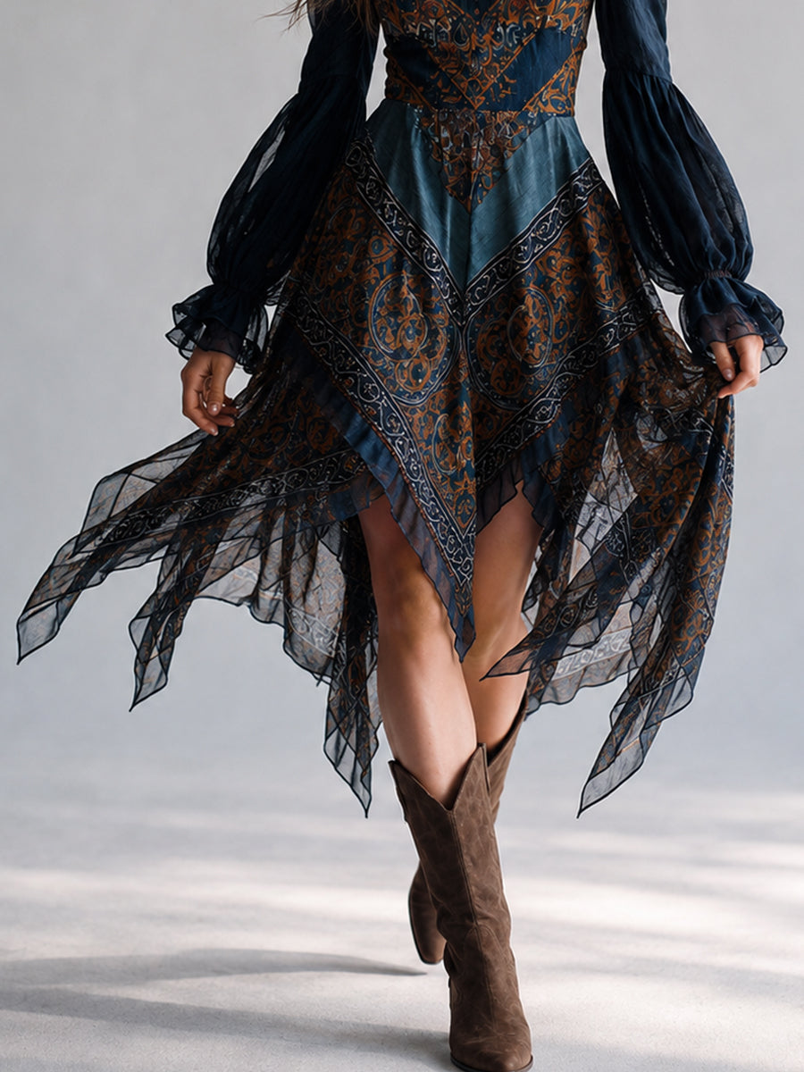 Vestido con dobladillo de pañuelo en estampado paisley azul marino