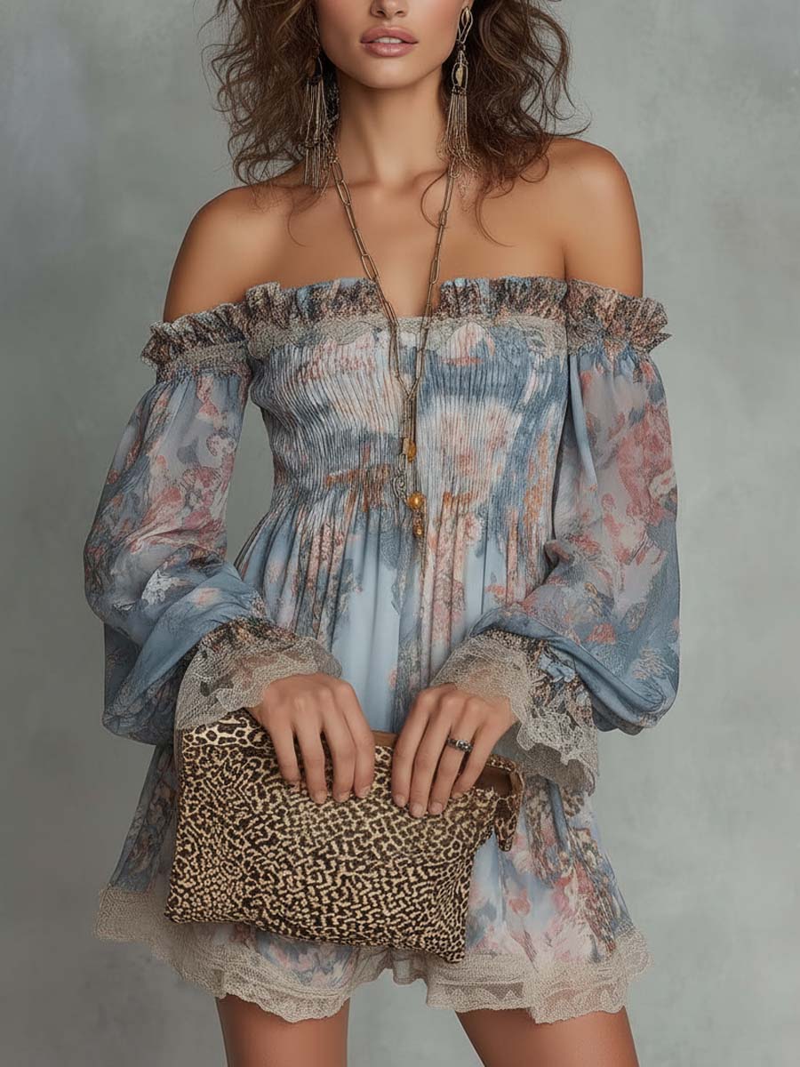 Merche | Vestido mini de chiffon fruncido con escote de hombros descubiertos y estampado floral romántico