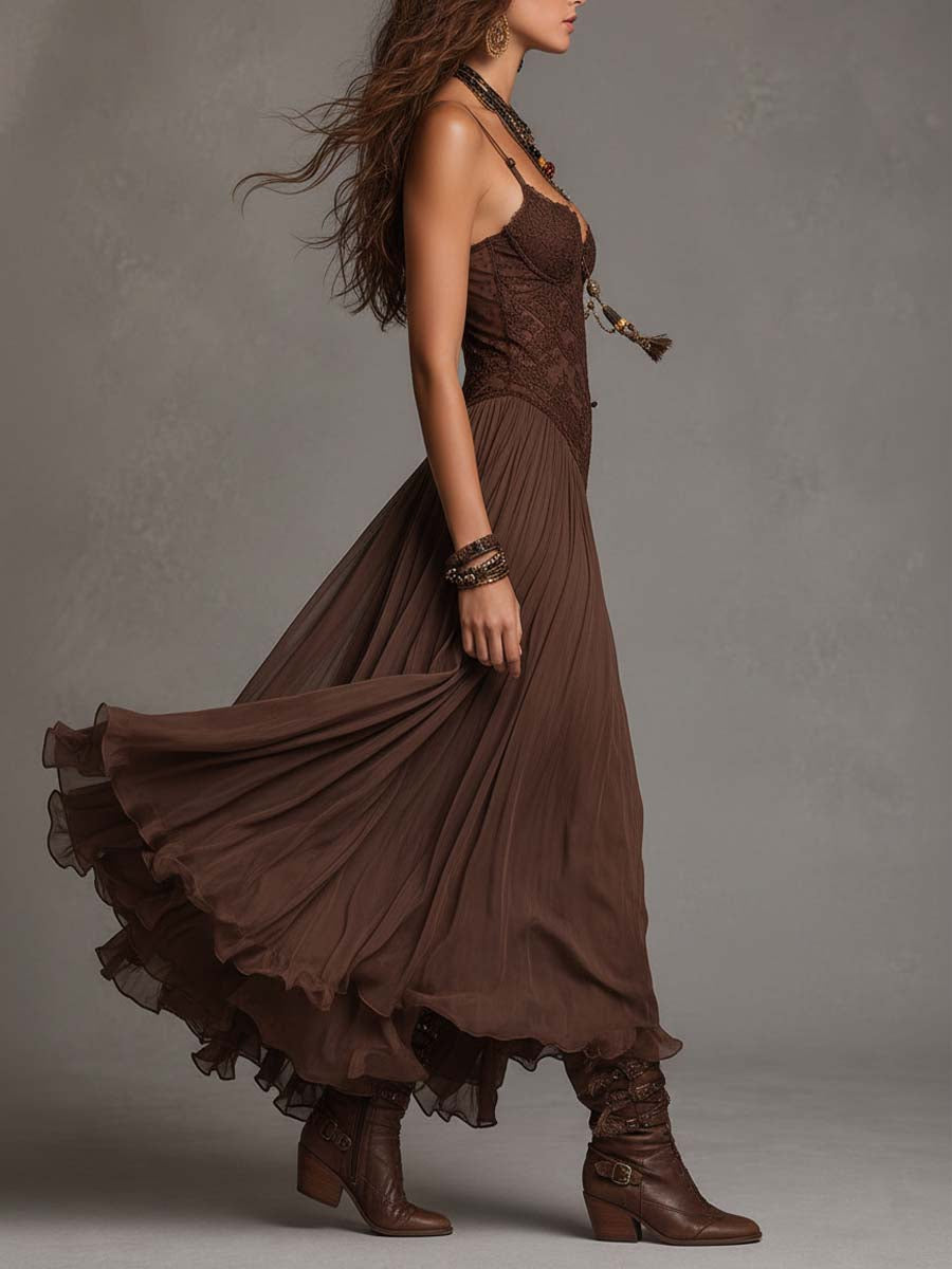 Vienna | Vestido Marrón de Encaje y Gasa