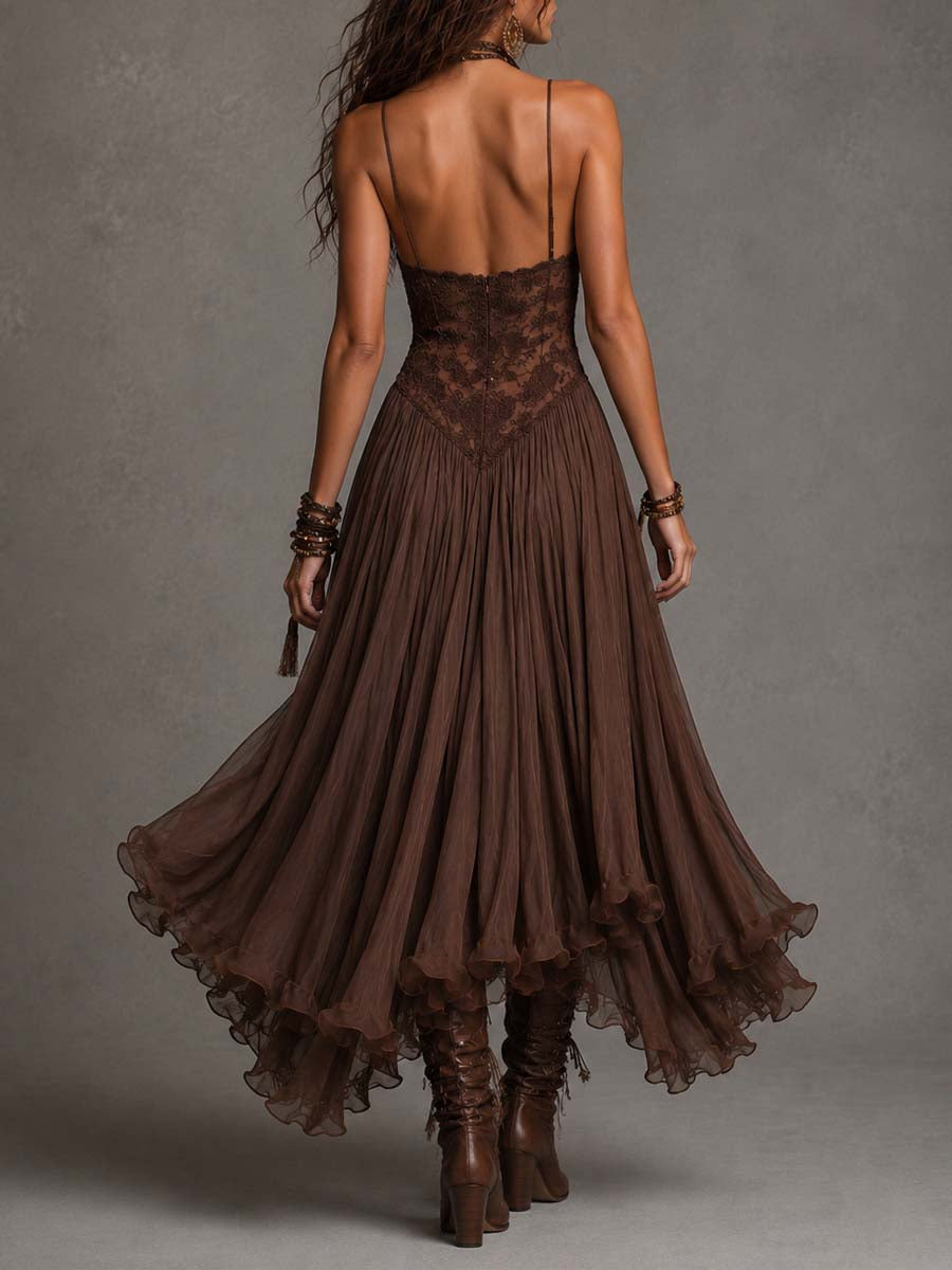 Vienna | Vestido Marrón de Encaje y Gasa