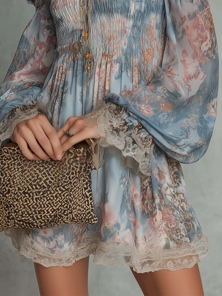 Merche | Vestido mini de chiffon fruncido con escote de hombros descubiertos y estampado floral romántico