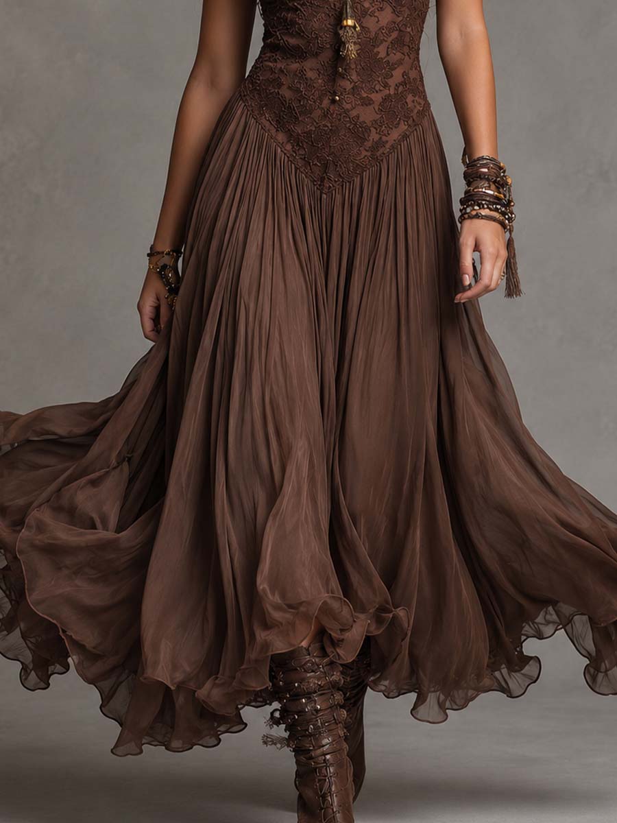 Vienna | Vestido Marrón de Encaje y Gasa