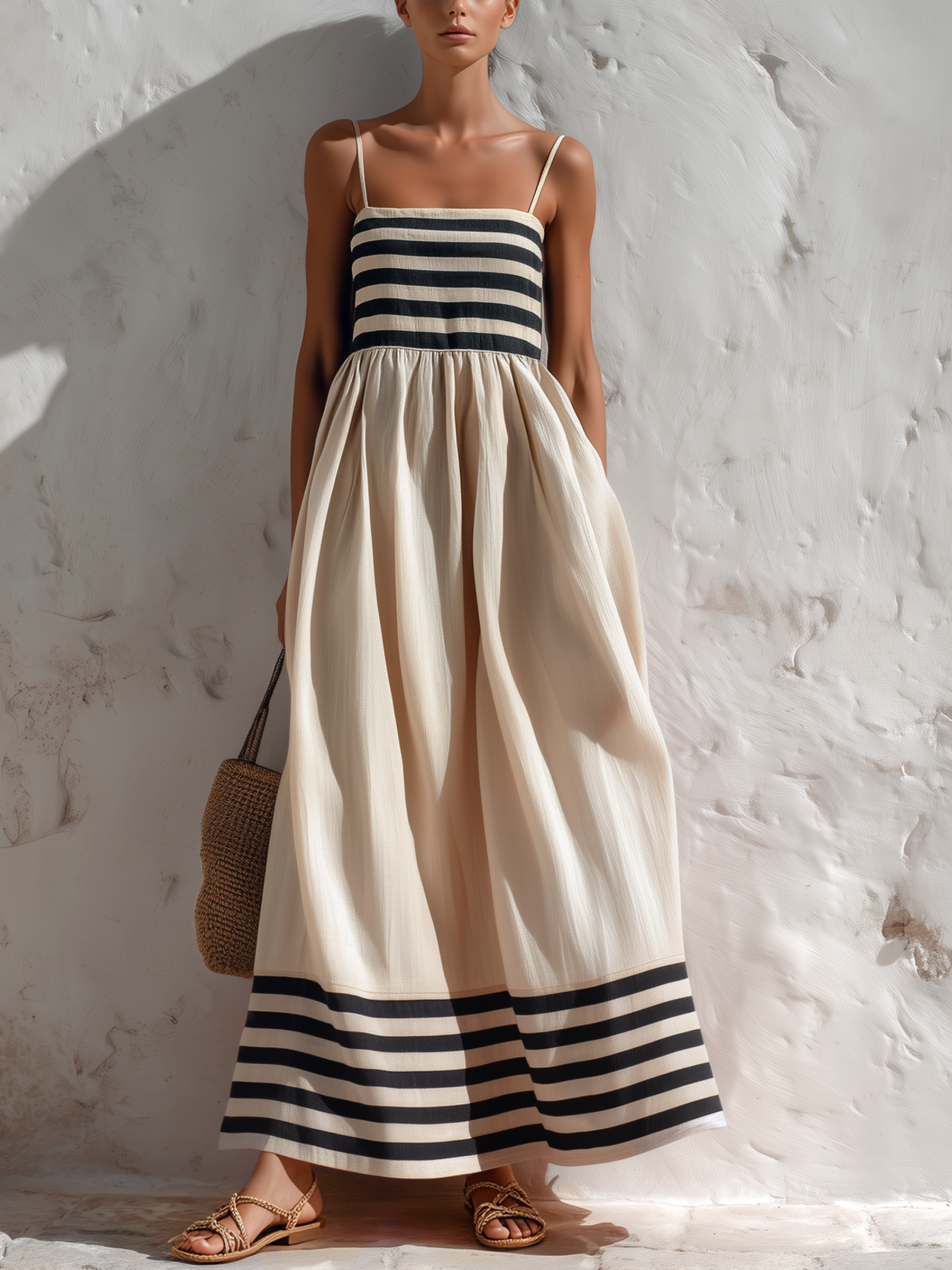 Lola | Vestido maxi de rayas negras y beige con tirantes finos