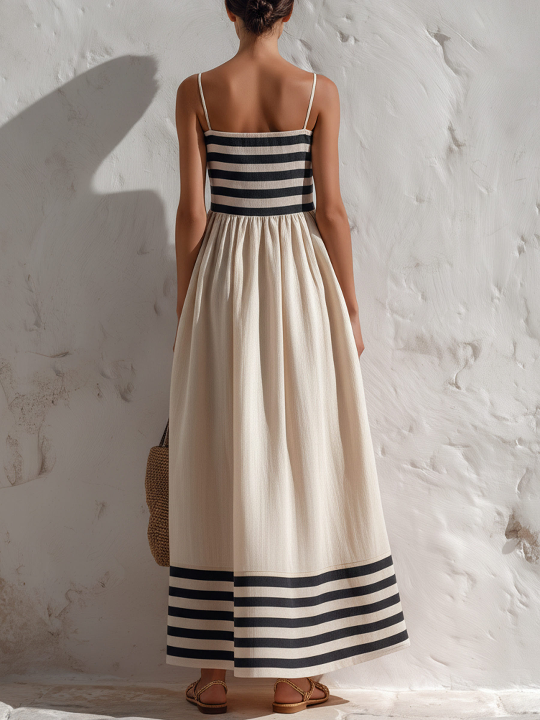 Lola | Vestido maxi de rayas negras y beige con tirantes finos