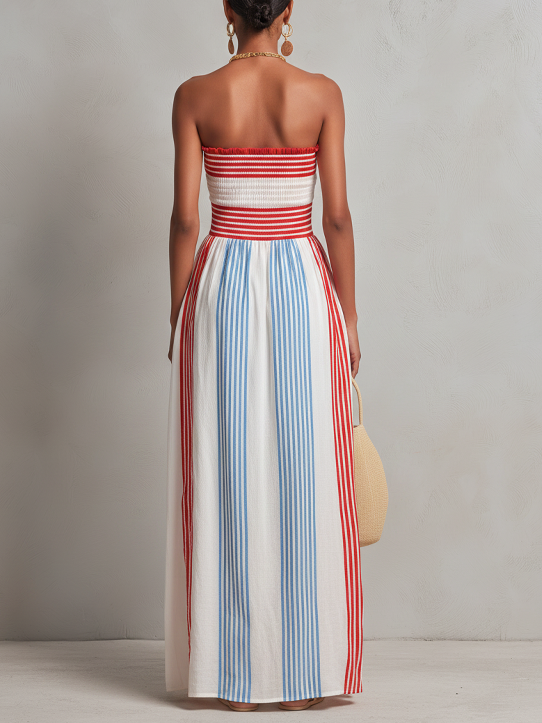 Nuria | Vestido maxi sin tirantes a rayas rojas y azules con fruncido