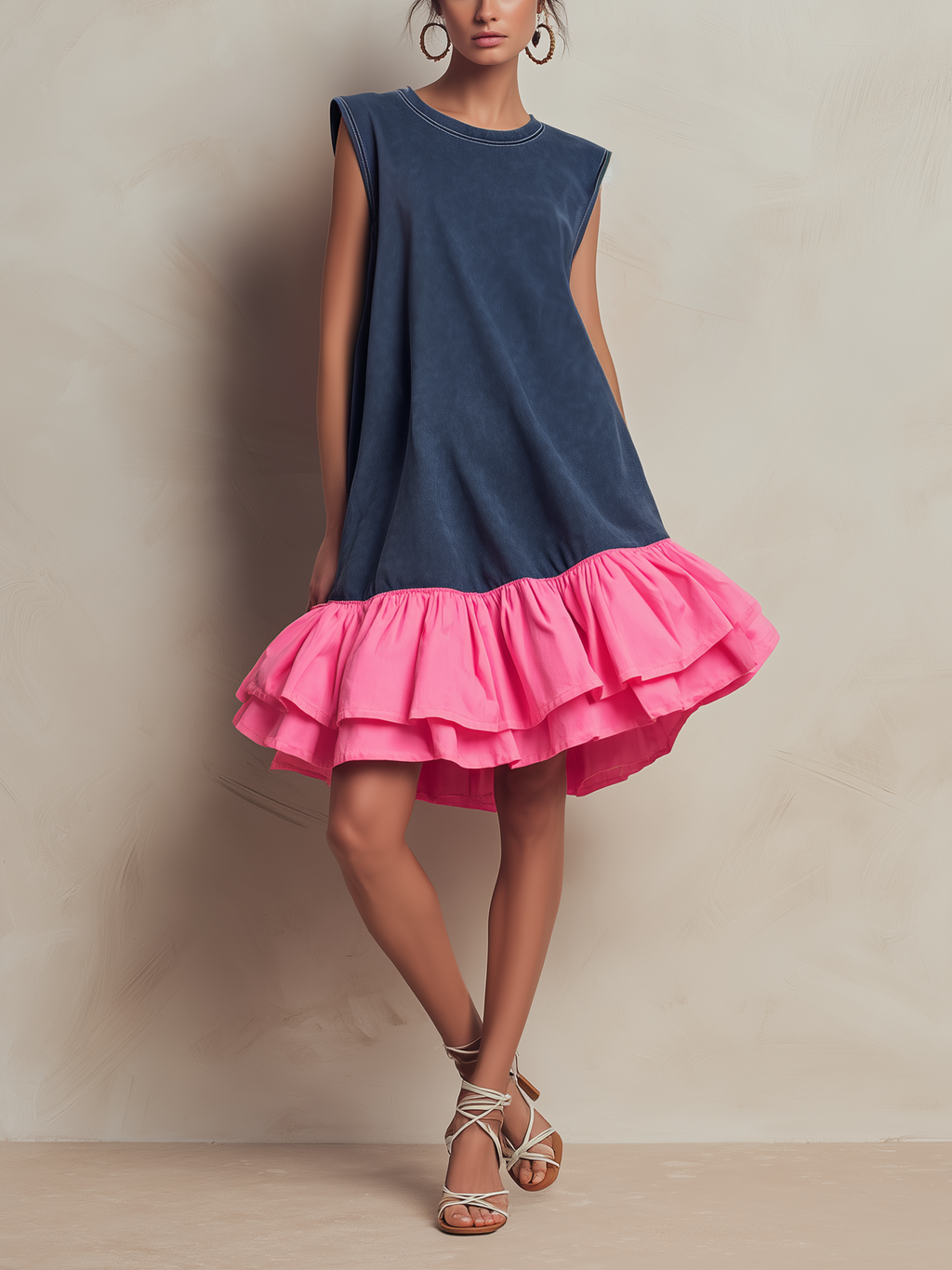 Marga | Vestido recto corto de terry francés lavado sin mangas, en rosa fucsia en contraste con dobladillo de volantes en capas, suelto y casual