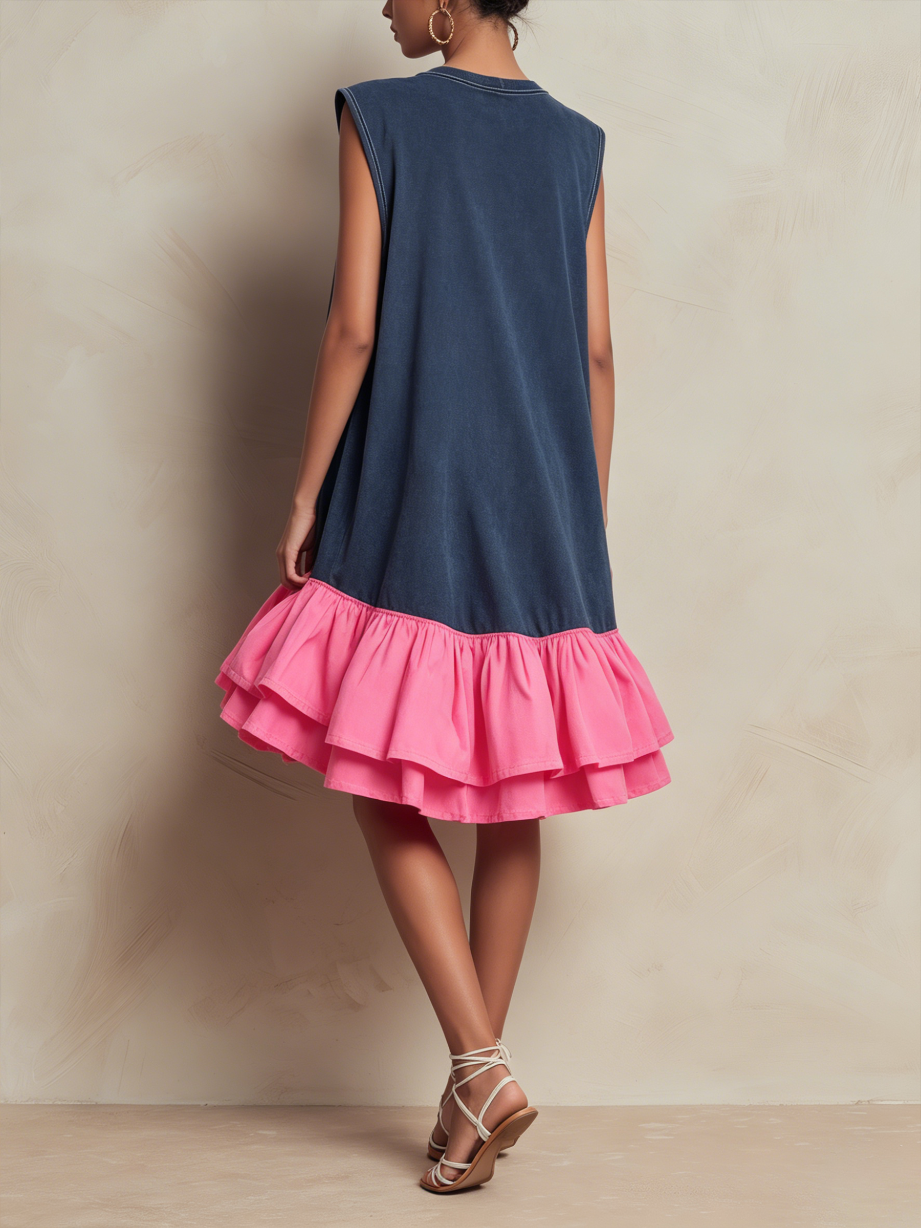 Marga | Vestido recto corto de terry francés lavado sin mangas, en rosa fucsia en contraste con dobladillo de volantes en capas, suelto y casual