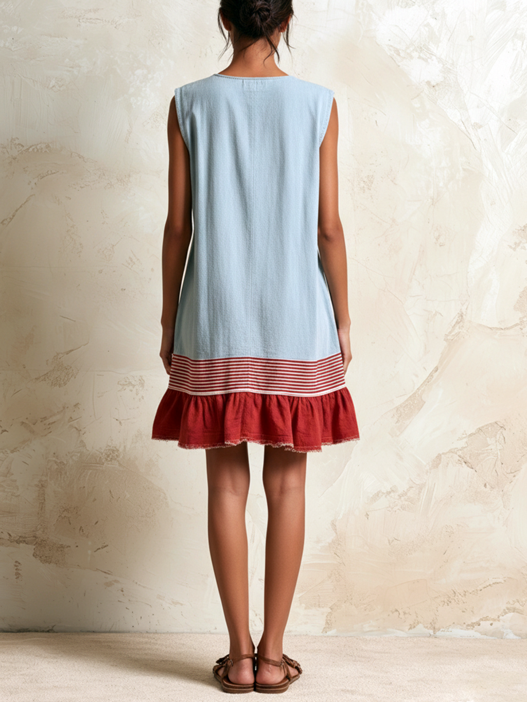 Amaya | Vestido túnica sin mangas azul claro con franja roja y dobladillo fruncido