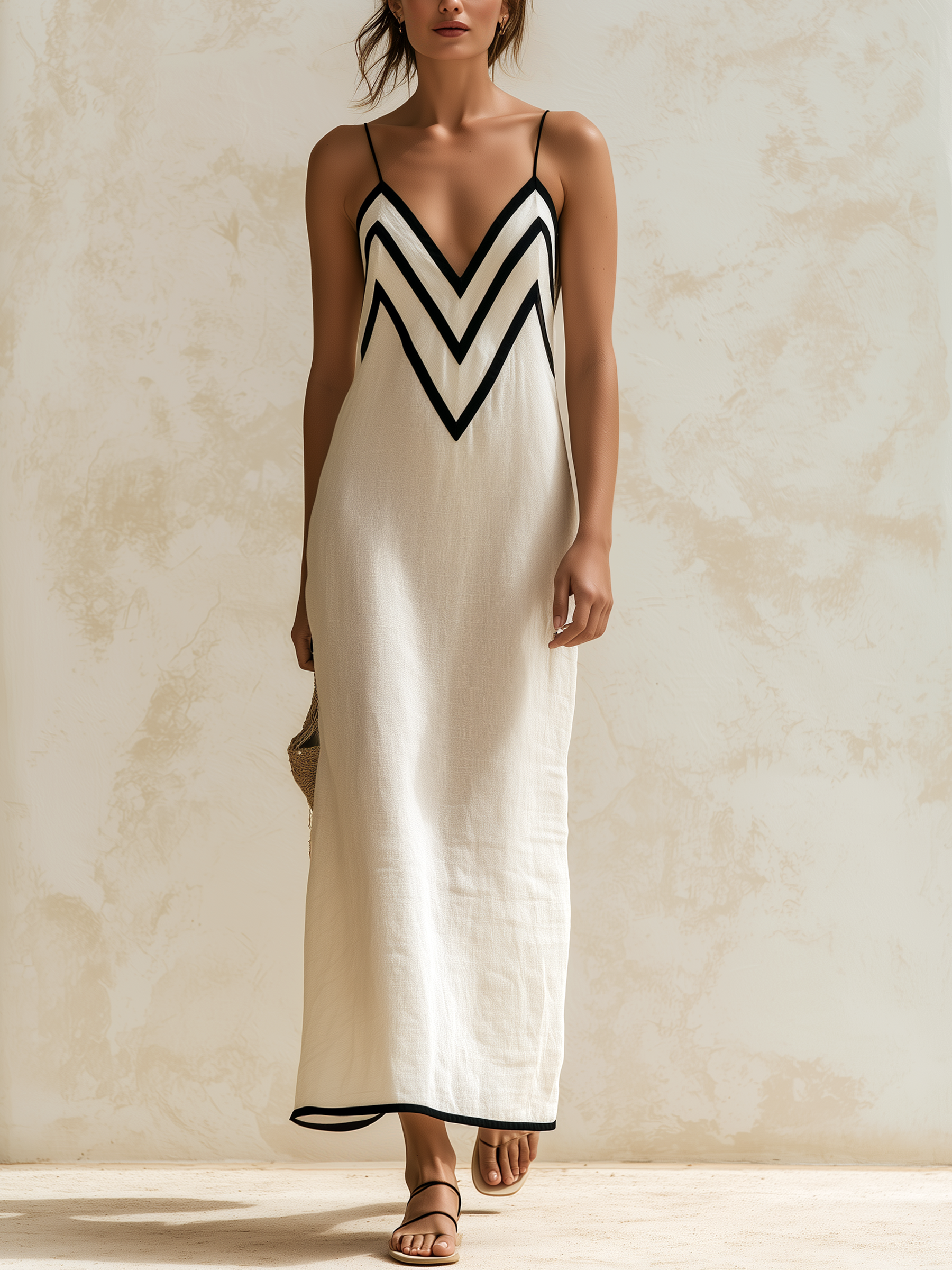 Monica | Vestido largo de lino estilo slip con bordes en contraste con motivo chevron