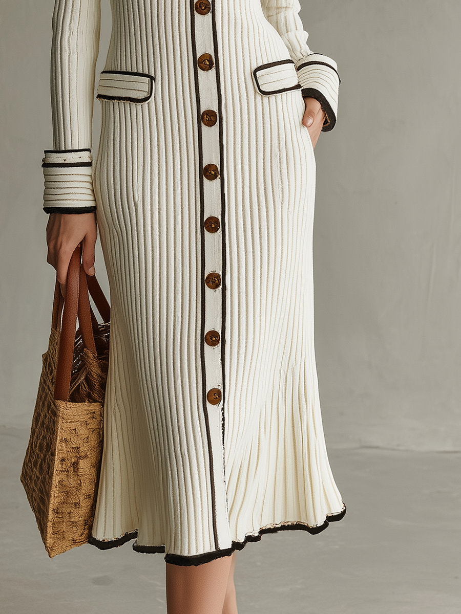 Vestido Midi de Punto Acanalado con Cuello de Camisa y Botones de Manga Larga en Marfil Refinado