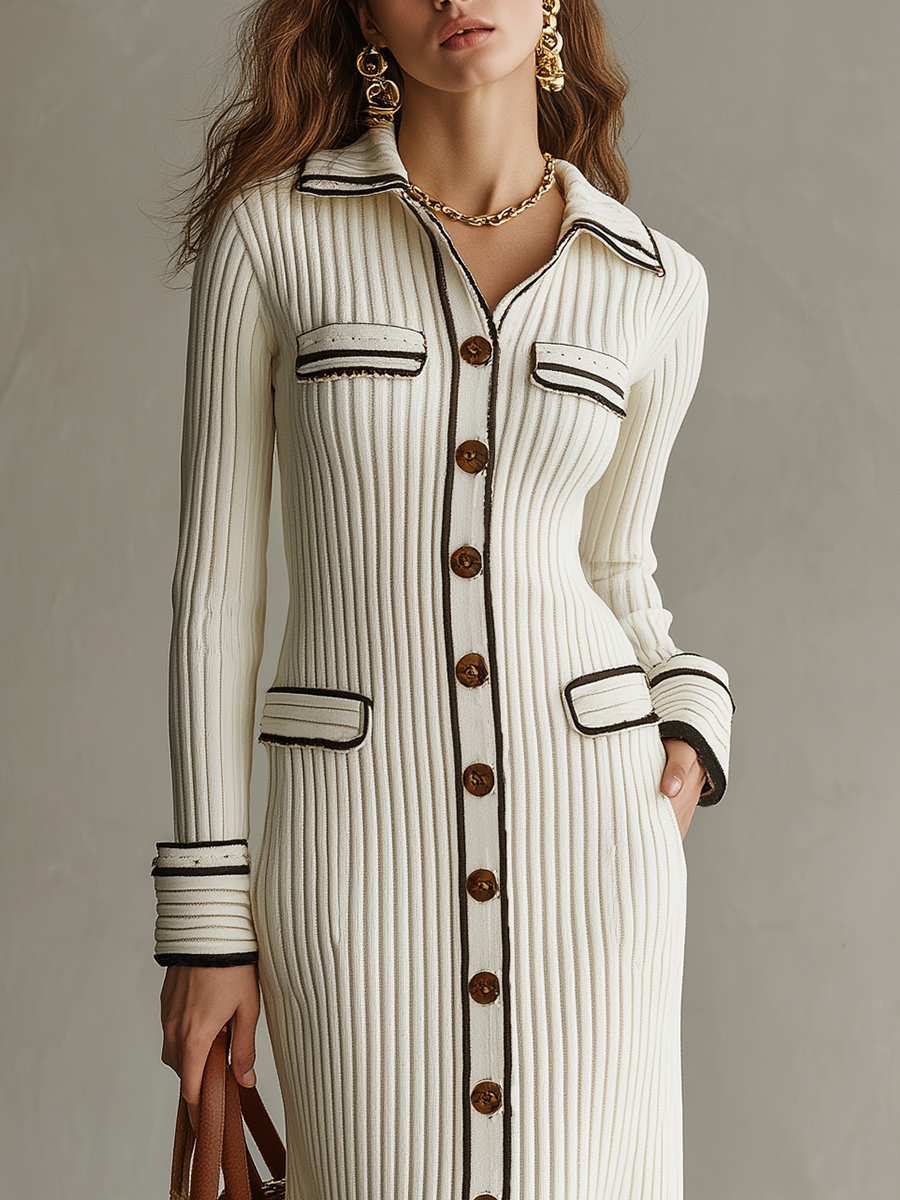 Vestido Midi de Punto Acanalado con Cuello de Camisa y Botones de Manga Larga en Marfil Refinado