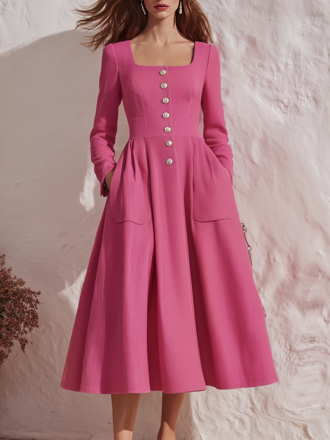 Vestido Midi Elegante de Línea A con Escote Cuadrado Rosa