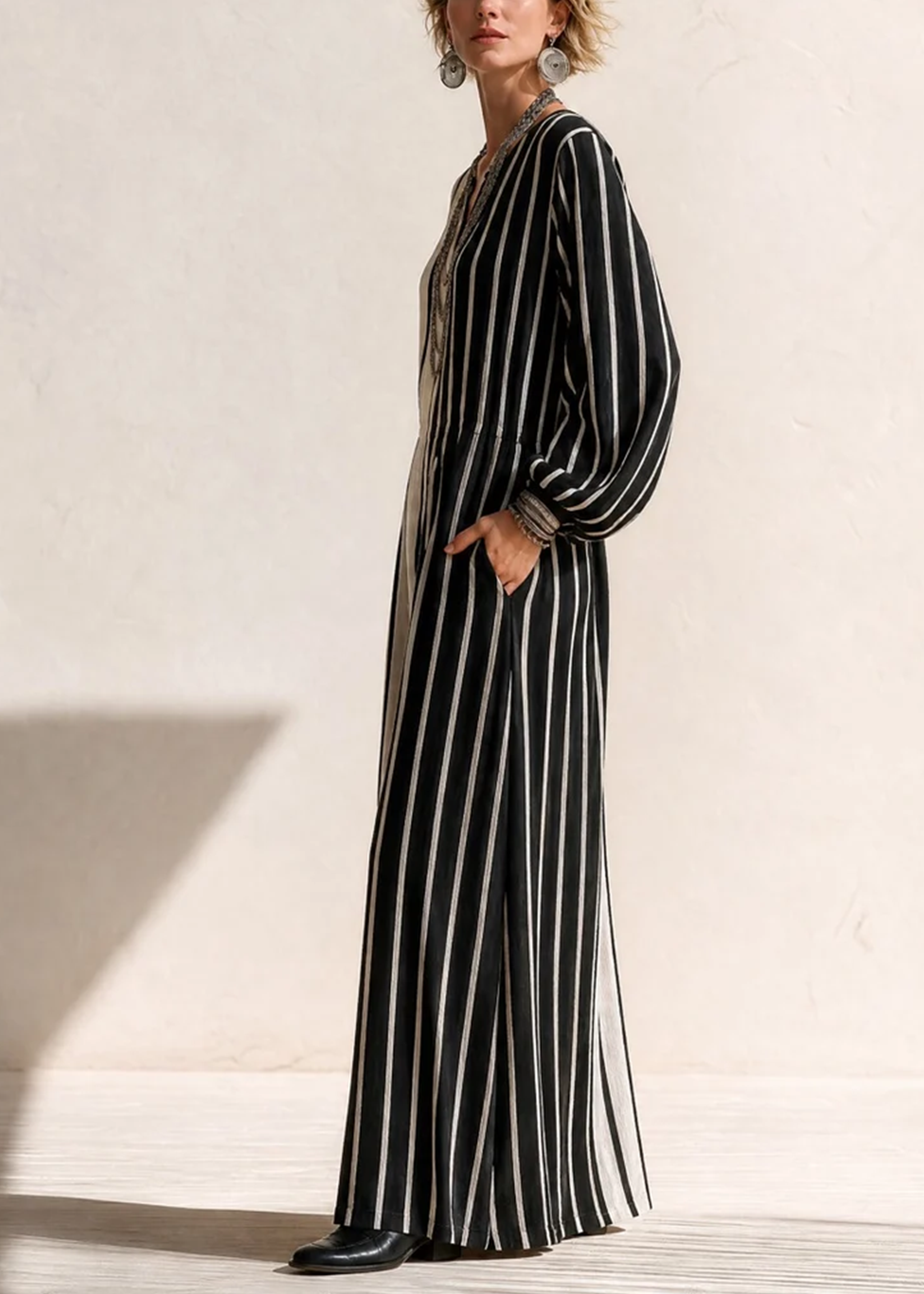 Mono Casual de Manga Larga a Rayas Negro-Blanco