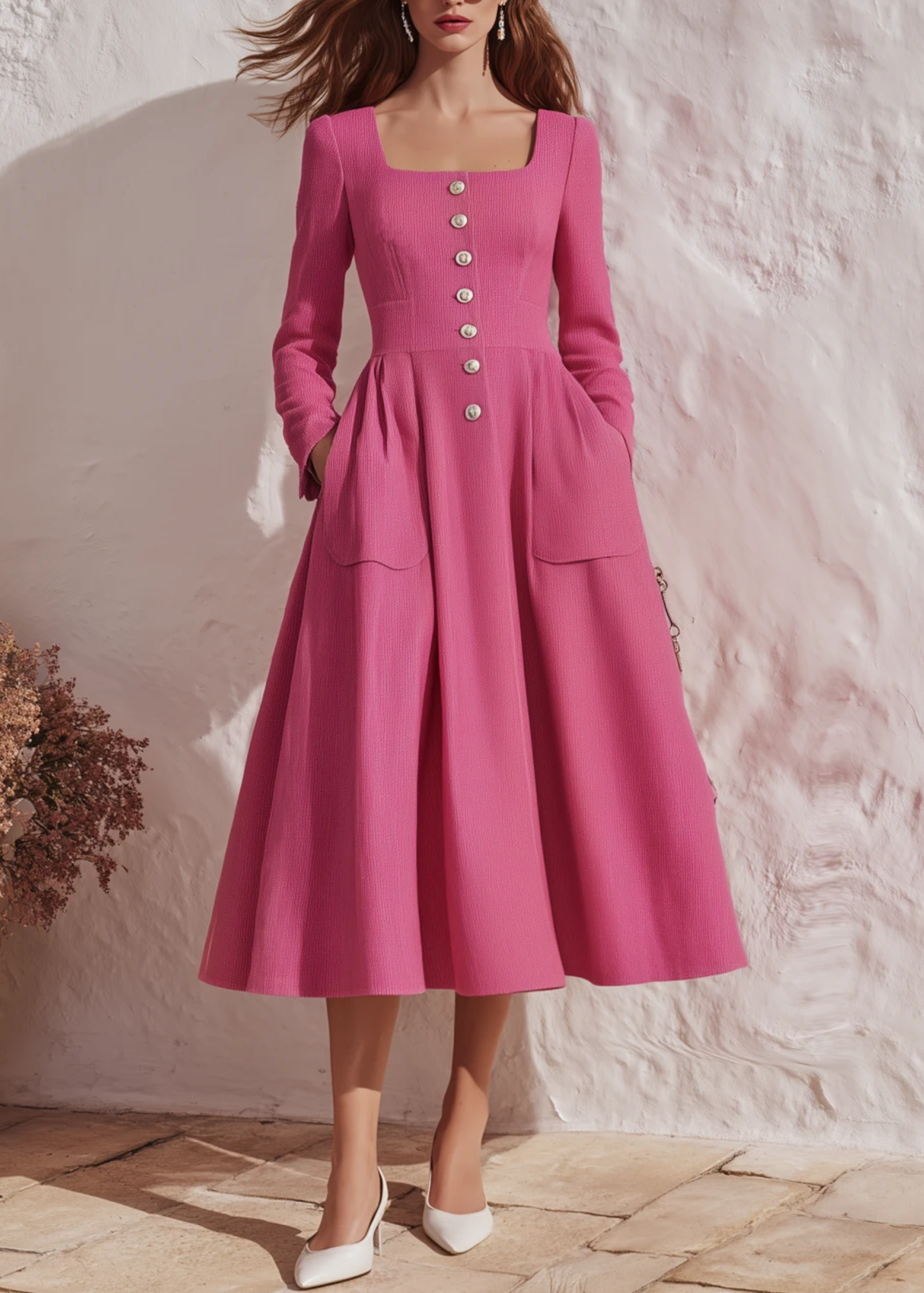Vestido Midi Elegante de Línea A con Escote Cuadrado Rosa