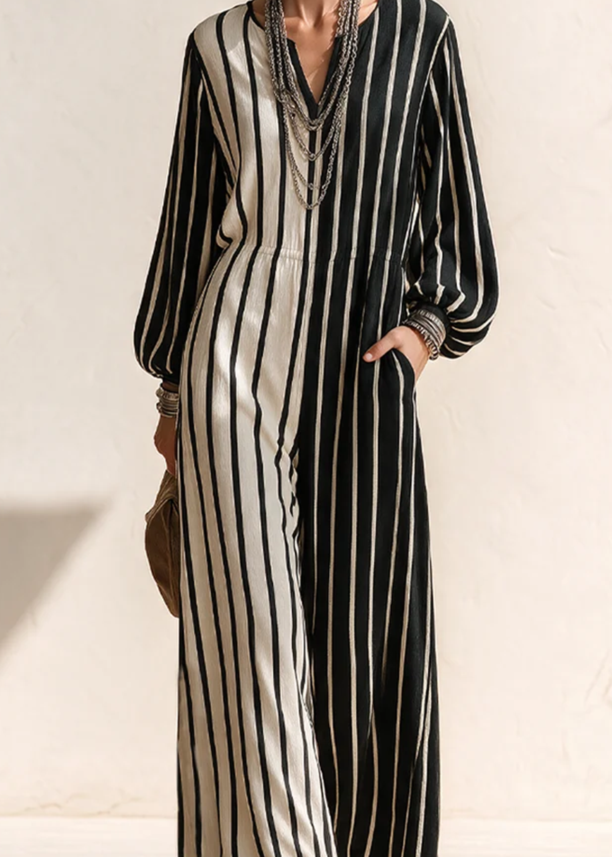 Mono Casual de Manga Larga a Rayas Negro-Blanco