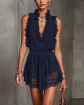 Adriana | Mono navy de gasa plisada con encaje