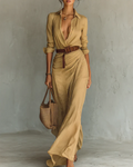 Iliana | Vestido largo con cuello de solapa y mangas largas para mujer