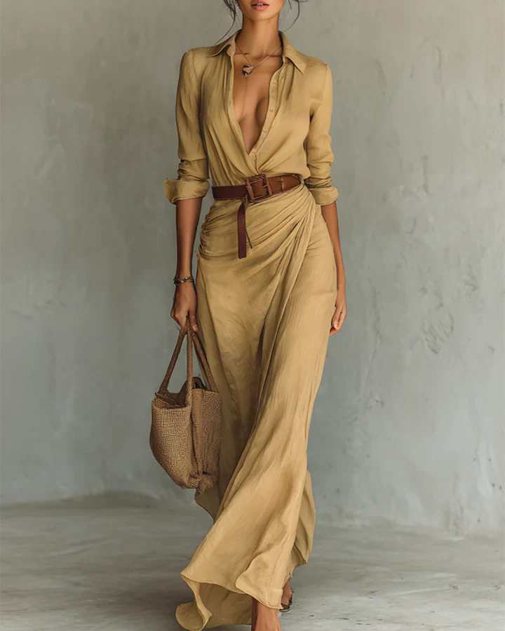 Iliana | Vestido largo con cuello de solapa y mangas largas para mujer