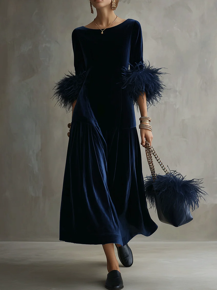 Vestido Midi Elegante A‑Line con Puños de Plumas Azul Marino