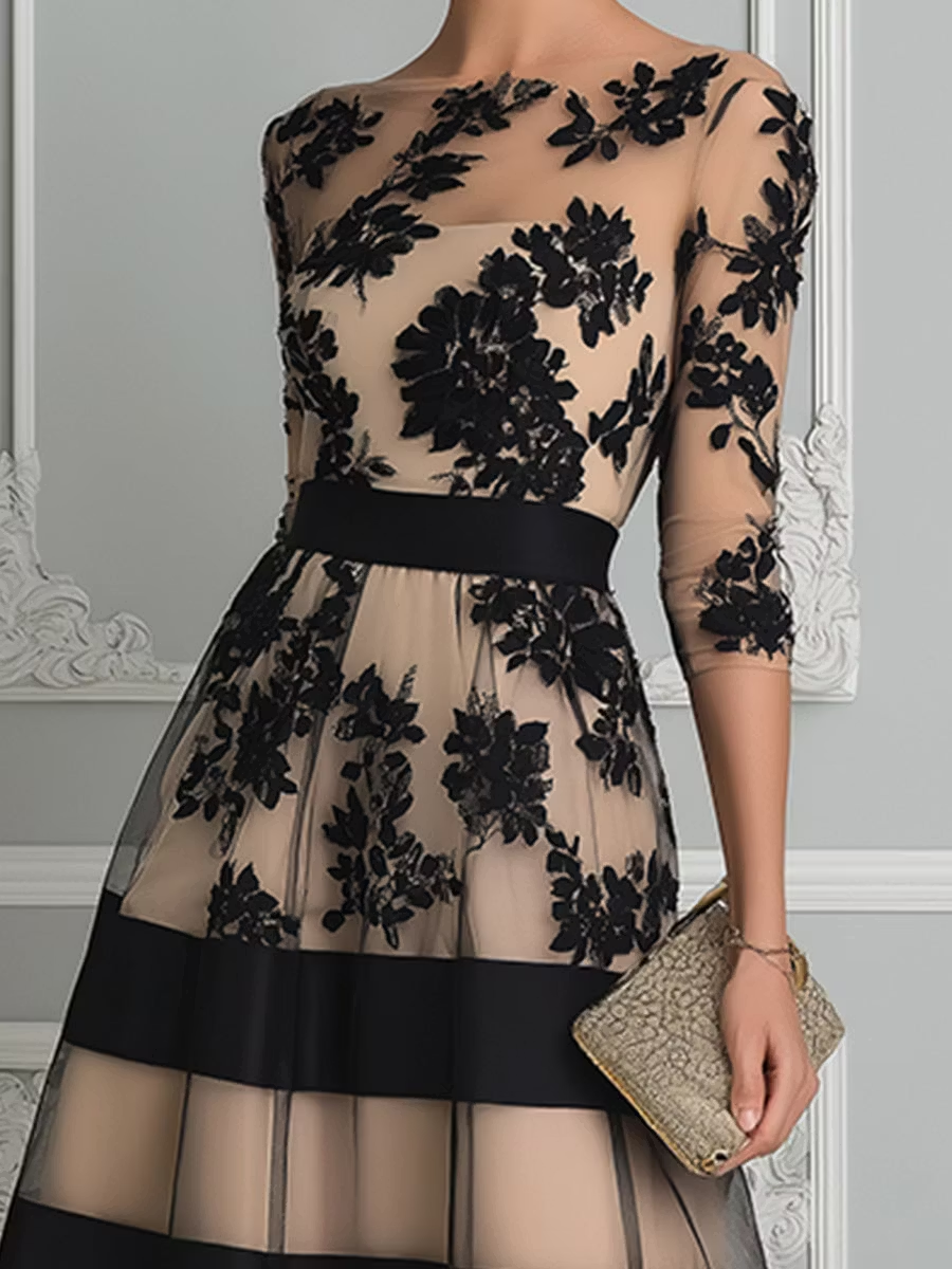Vestido Midi con Línea Elegante de Encaje Negro