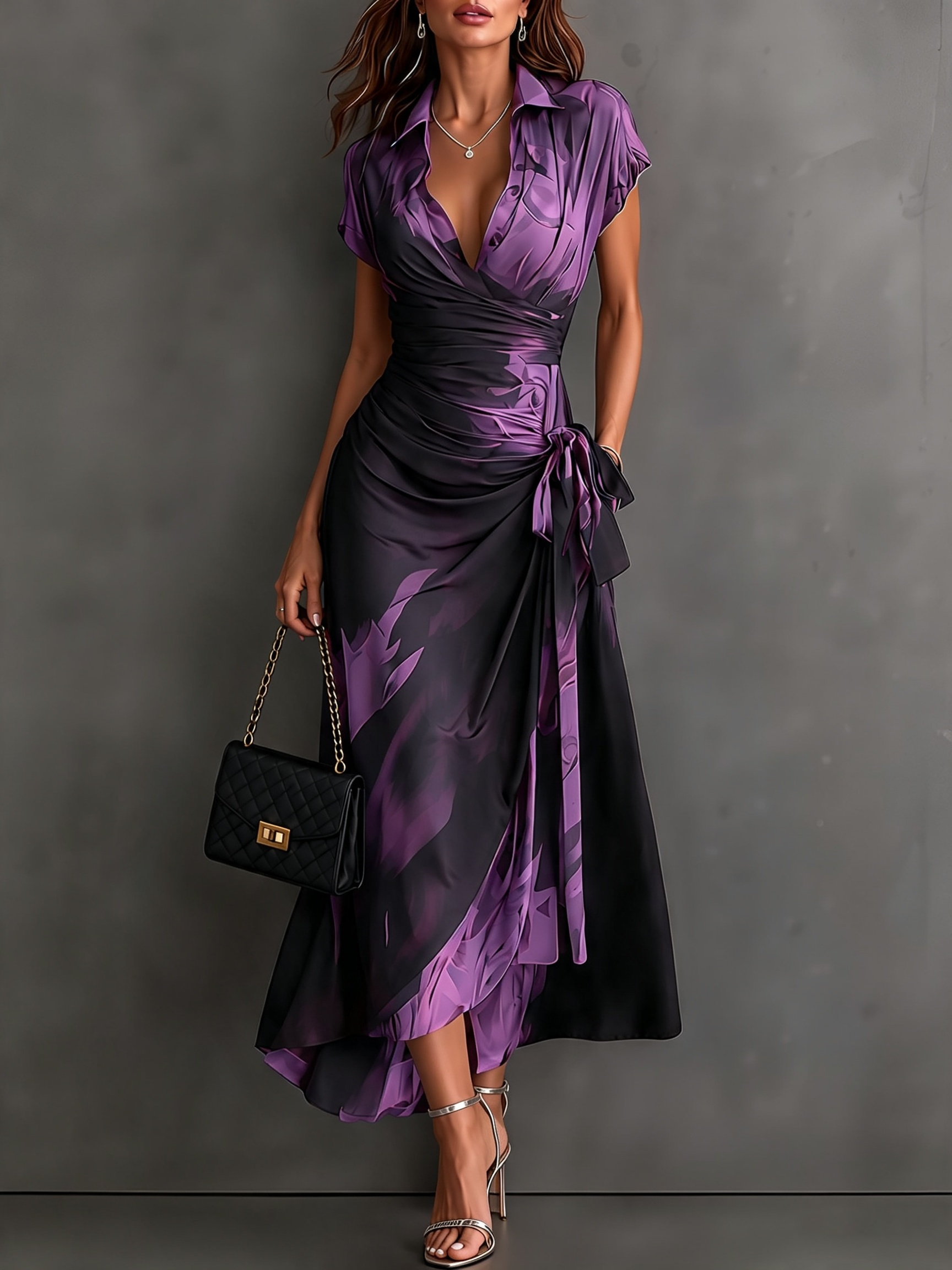 Glicinia | Vestido Midi Envoltura Abstracto Rojo Negro con Cuello