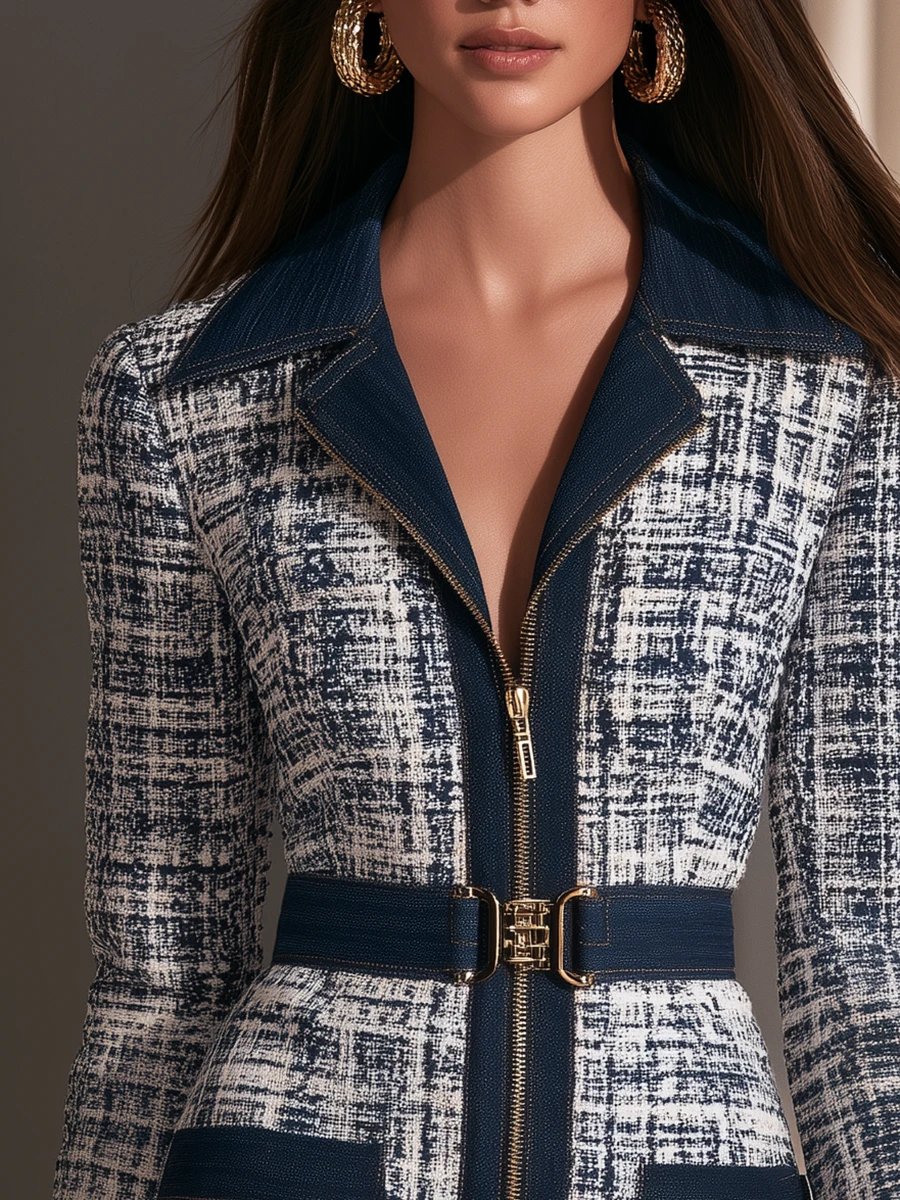 Vestido Mini Elegante Impreso Azul Marino con Escote en V