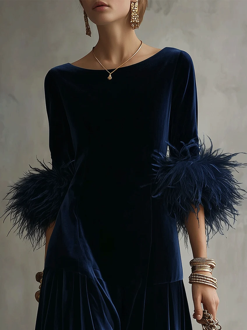 Vestido Midi Elegante A‑Line con Puños de Plumas Azul Marino