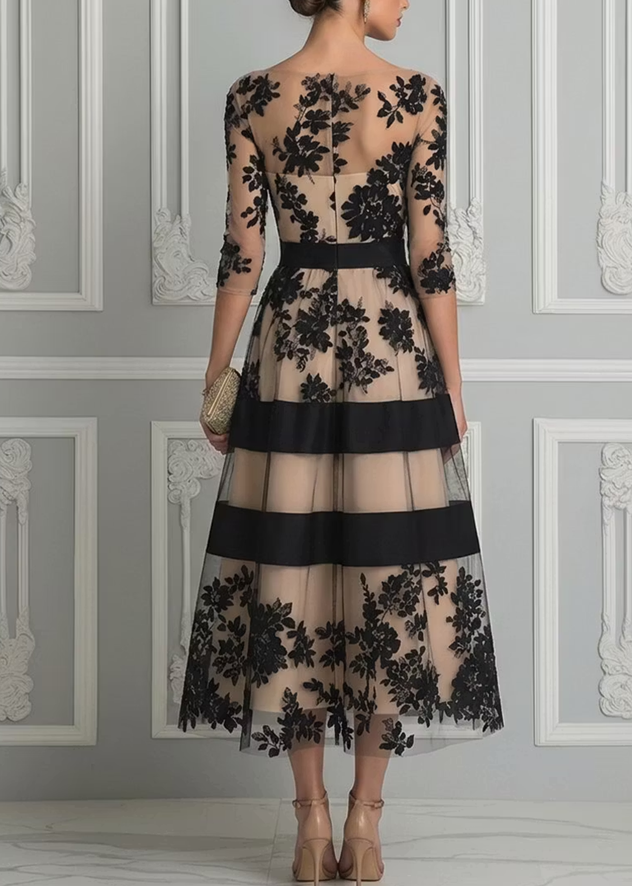 Vestido Midi con Línea Elegante de Encaje Negro