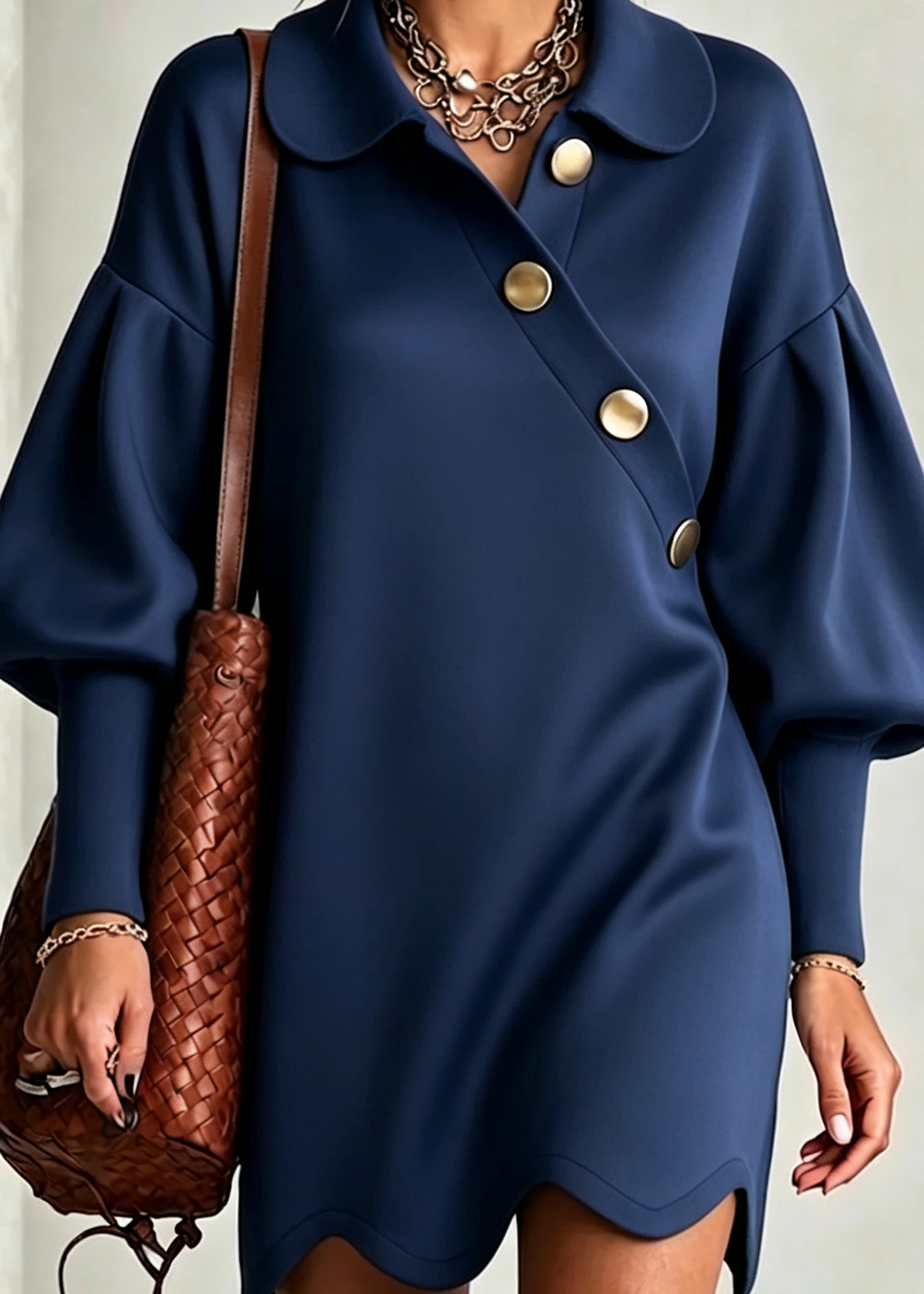 Vestido Mini Suelto con Mangas Largas y Volantes en Azul Marino