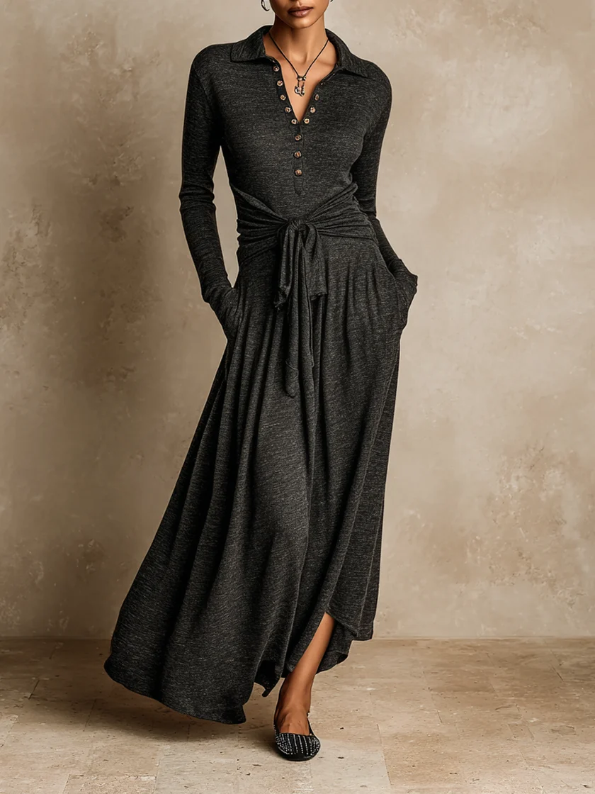 Vestido Elegante de Manga Larga y Cintura con Cinta en Gris Oscuro