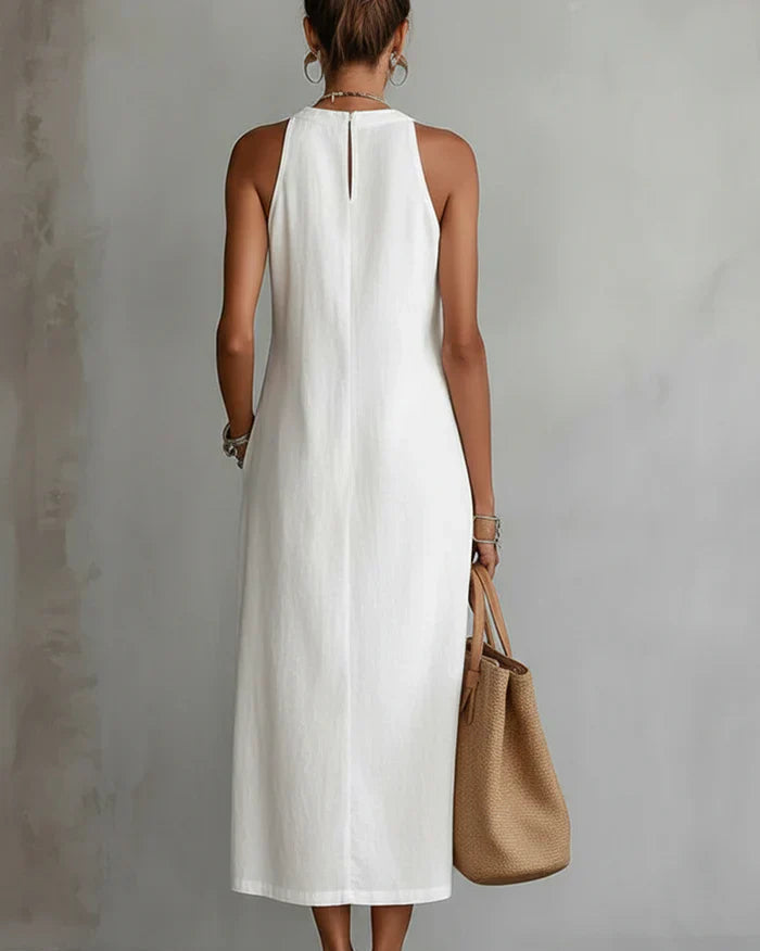 Adele | Vestido Midi de Lino con Cuello Elegante