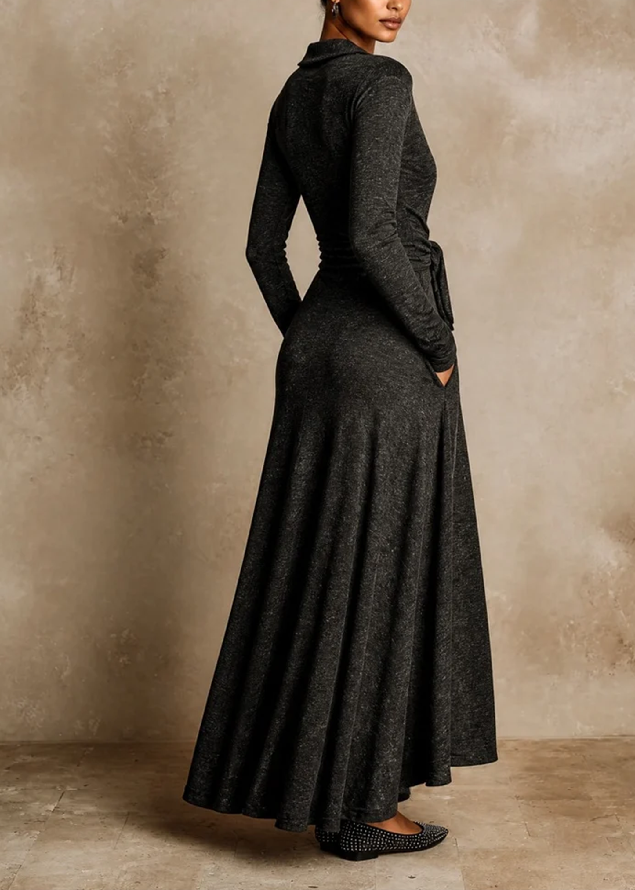 Vestido Elegante de Manga Larga y Cintura con Cinta en Gris Oscuro