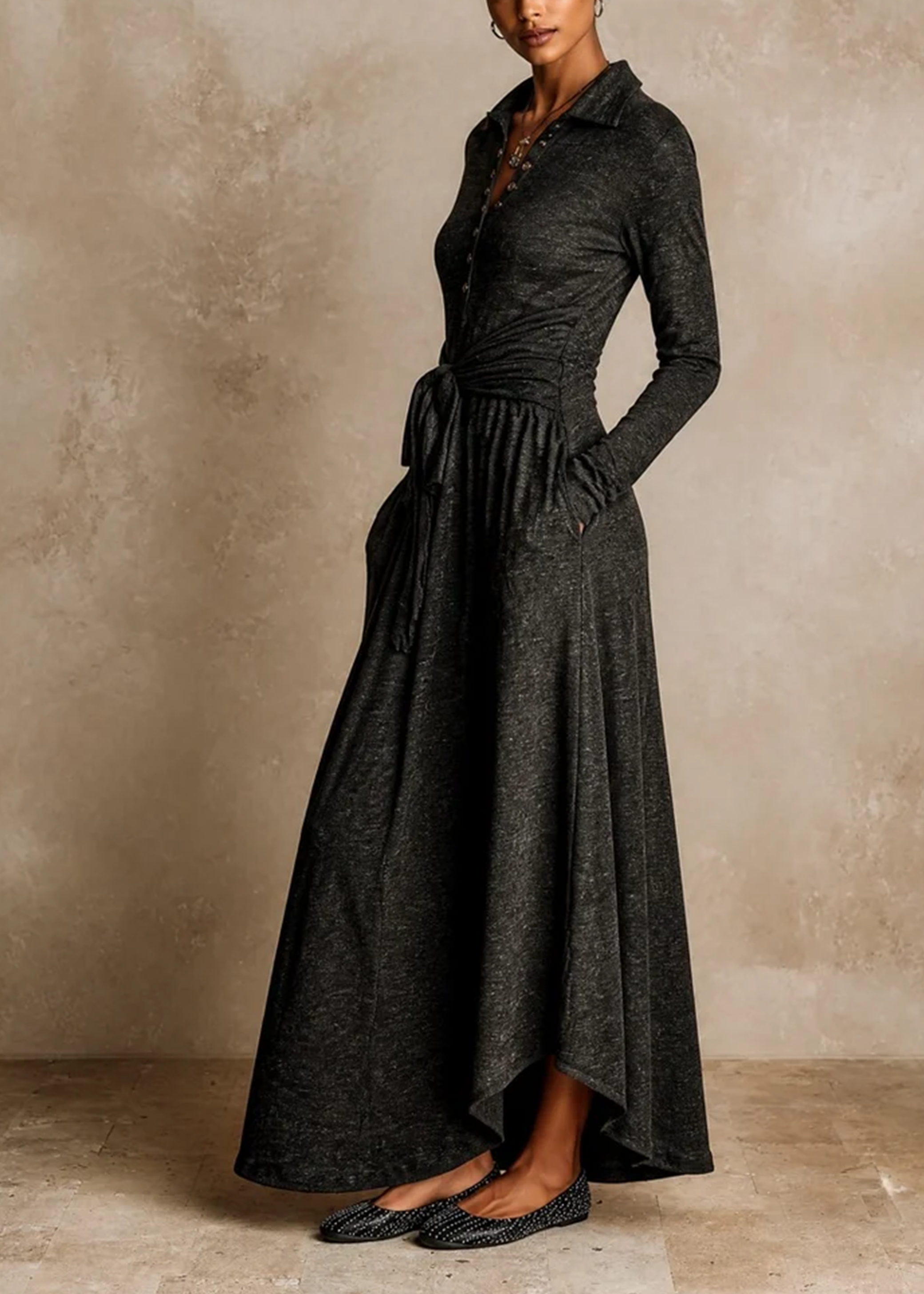 Vestido Elegante de Manga Larga y Cintura con Cinta en Gris Oscuro