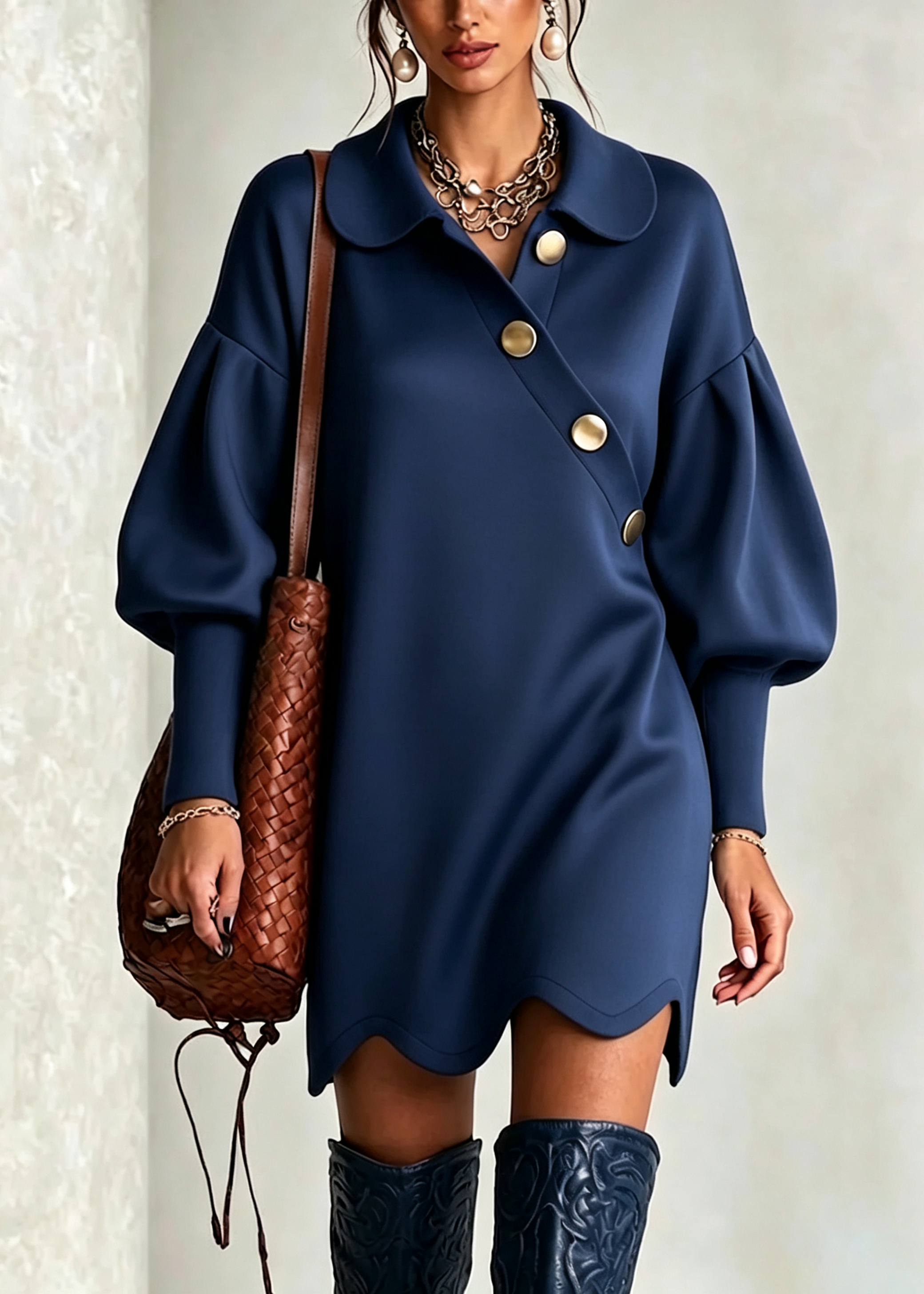 Vestido Mini Suelto con Mangas Largas y Volantes en Azul Marino