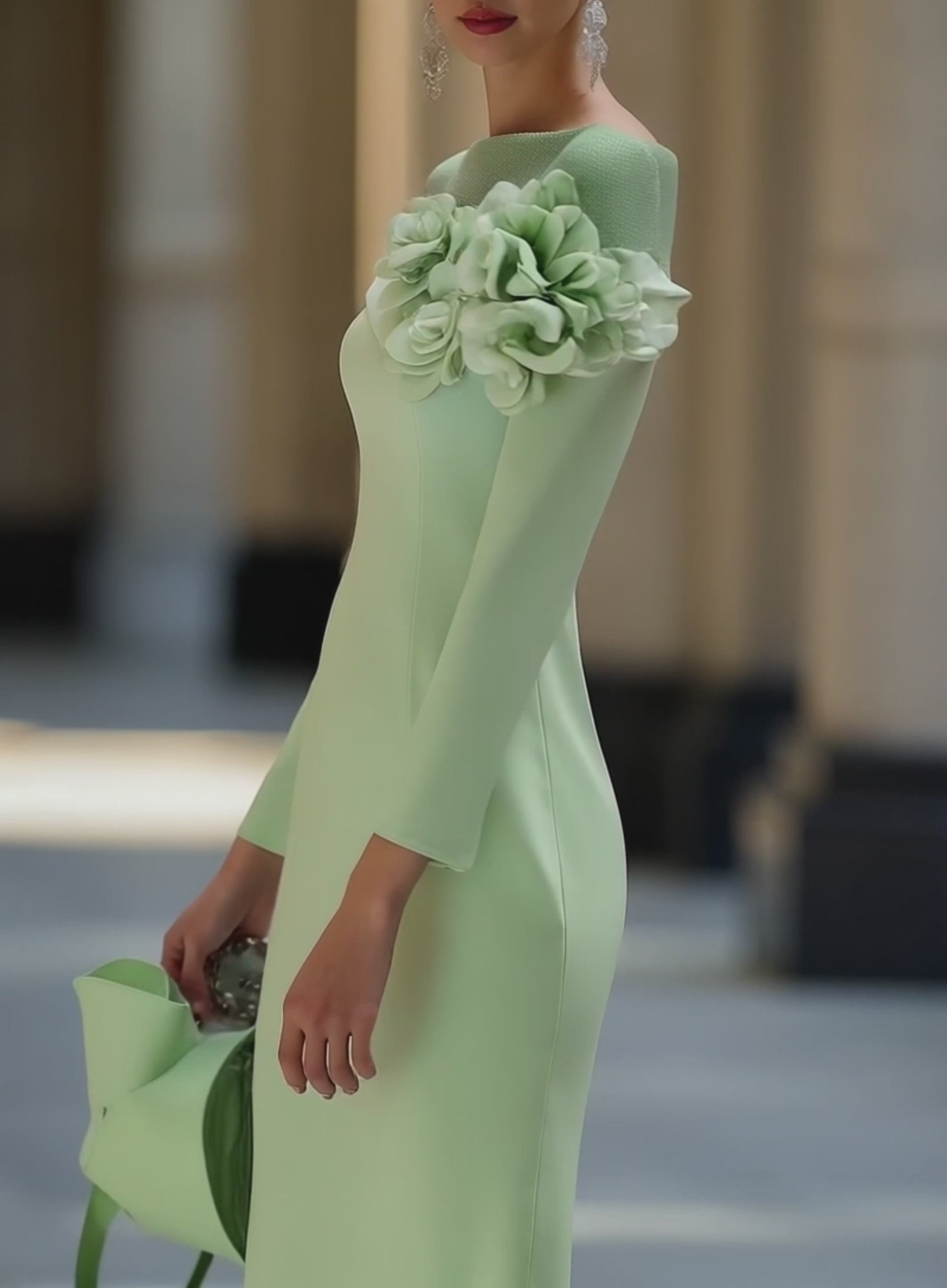 Vestido Midi de Flores 3D con Cuello Redondo y Hombros Descubiertos