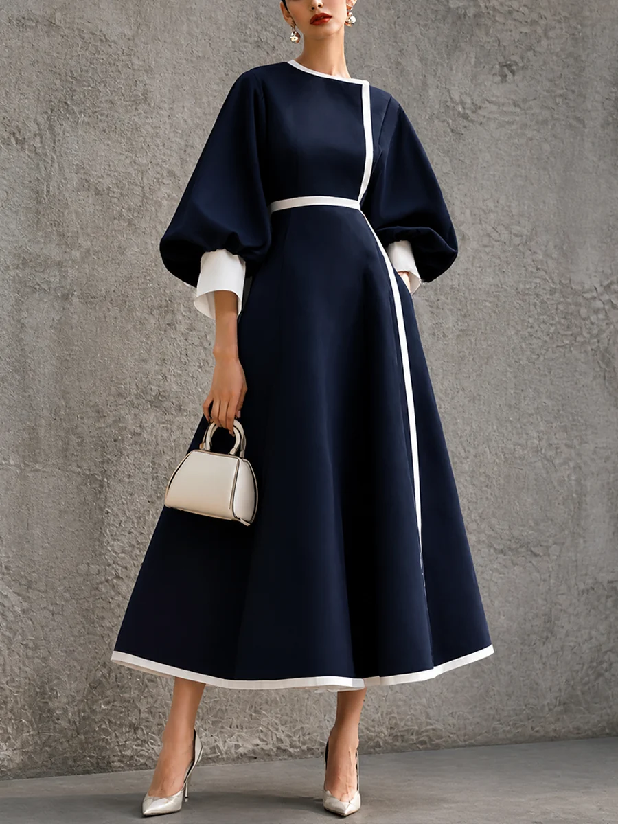 Vestido Midi Elegante de Línea A con Cintura Ajustada en Azul Marino