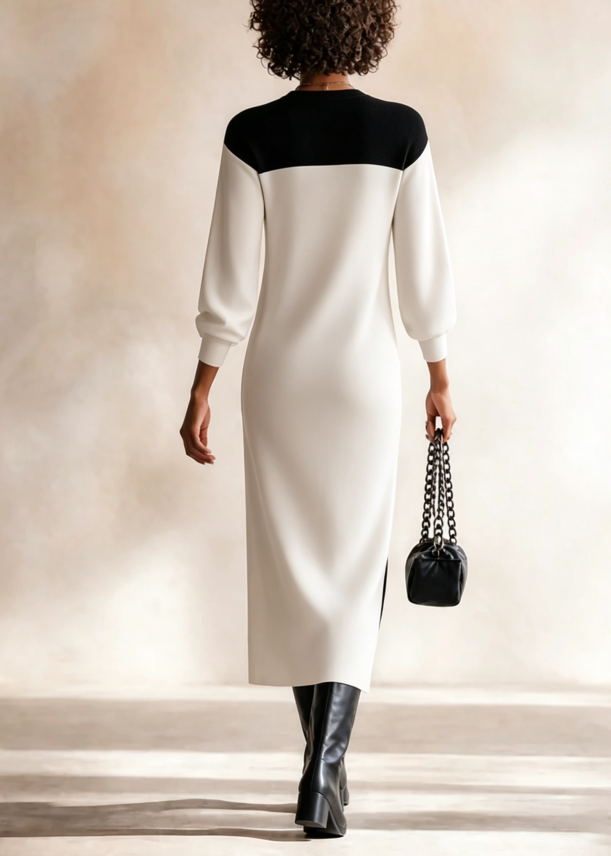 Vestido midi casual negro con escote en V y mangas largas blancas