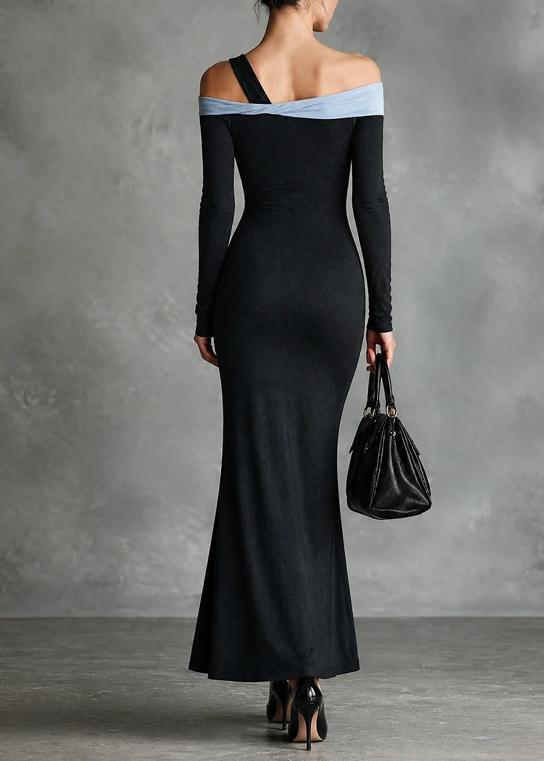 Vestido Maxi Ajustado con Escote Irregular y Hombros Descubiertos en Negro